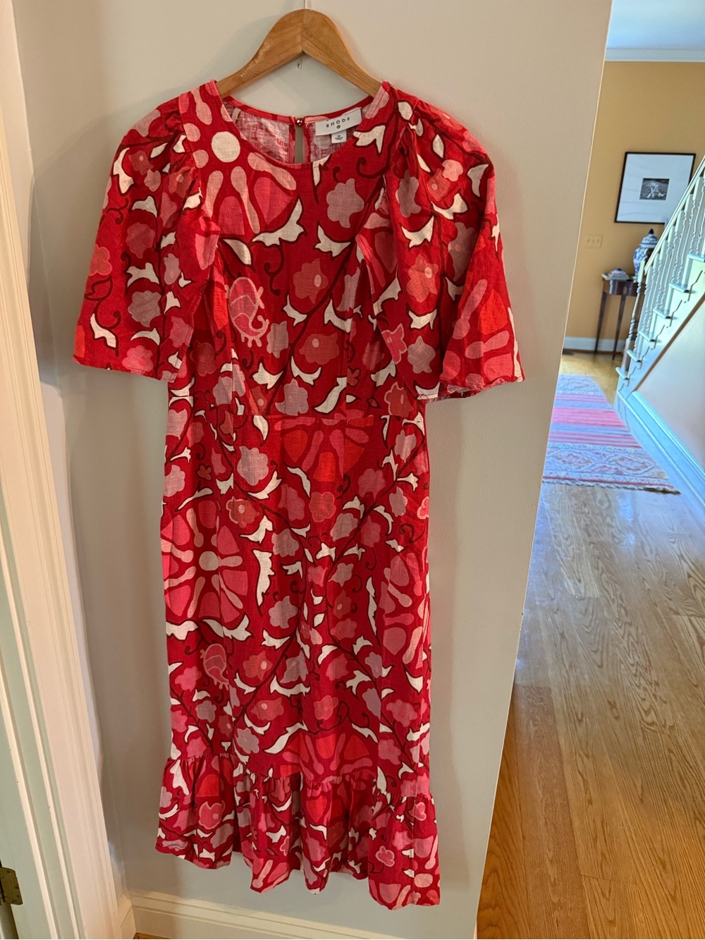 RHODE Red Floral Midi Dress with White Accents